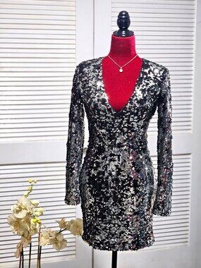 NWT Rachel Zoe Women's Muse Silver/Black Sequin Party Prom Mini Dress Sz 0 2214